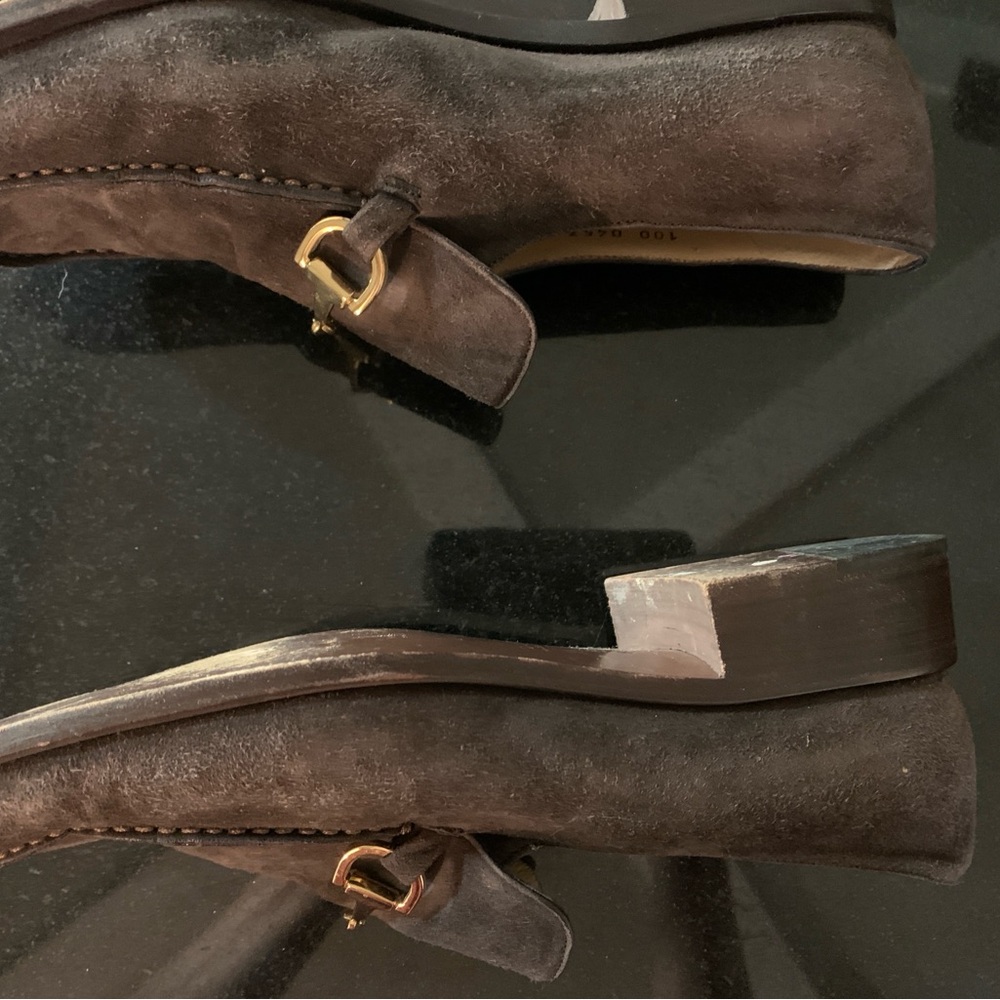Brown Suede Loafers with Gold Buckle
